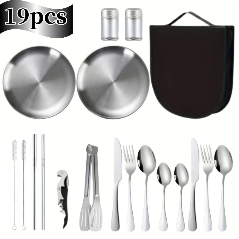 19-Piece Black Stainless Steel Tableware Set for Outdoor Use