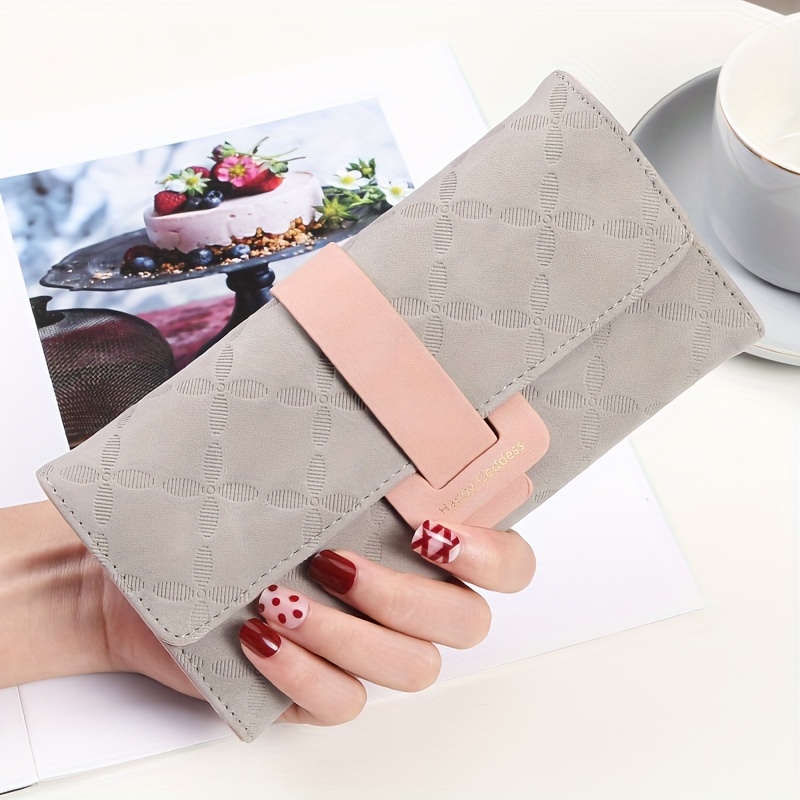 

Chic Embossed Synthetic Leather Wallet For Women - Spacious Multi-card Holder Clutch With Coin Purse, Snap Closure, In Gray, Pink, Rose, Blue, Black