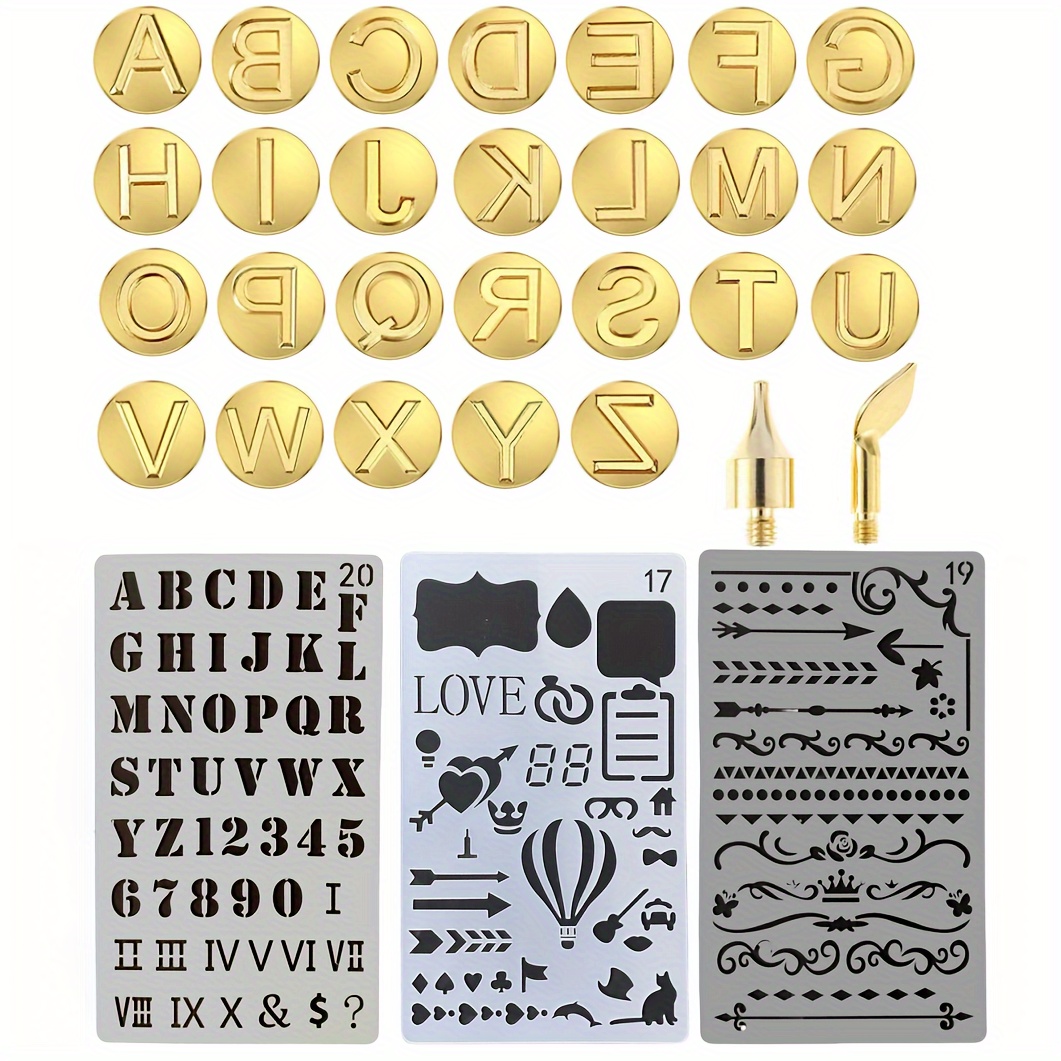 

28pcs Pyrography Kit With 3pcs Stencils - English Letters And Numbers- Wood Burning Pen Set For Diy Crafts And Art Projects For Embossing And Carving Crafts Wood Burning