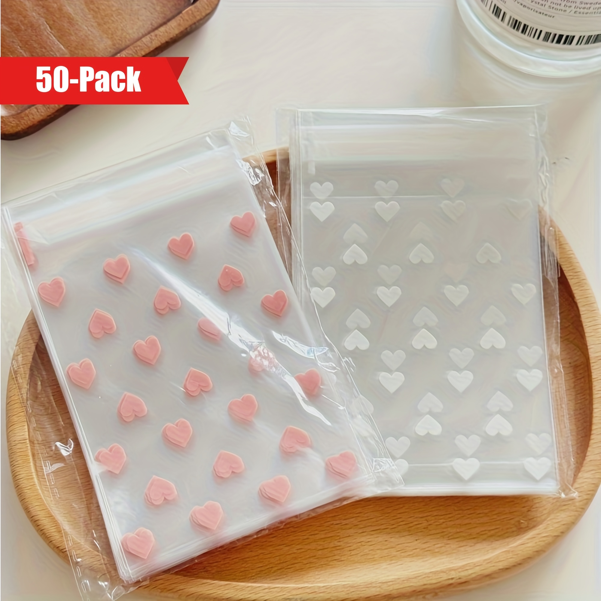 50pcs Self-* Plastic Bags with Heart Pattern, Stain-Resistant, Disposable,  Multipurpose Gift Packaging Material for Jewelry, Cosmetics, and Small