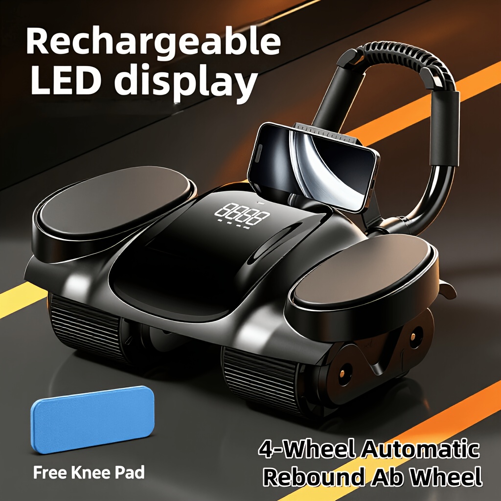 TEMU Heavy-duty 4-wheel Auto-retracting Ab Roller With Lcd Display, Count & Timer Function, Extended & Thick High- Elbow Support Cushions, Ideal For