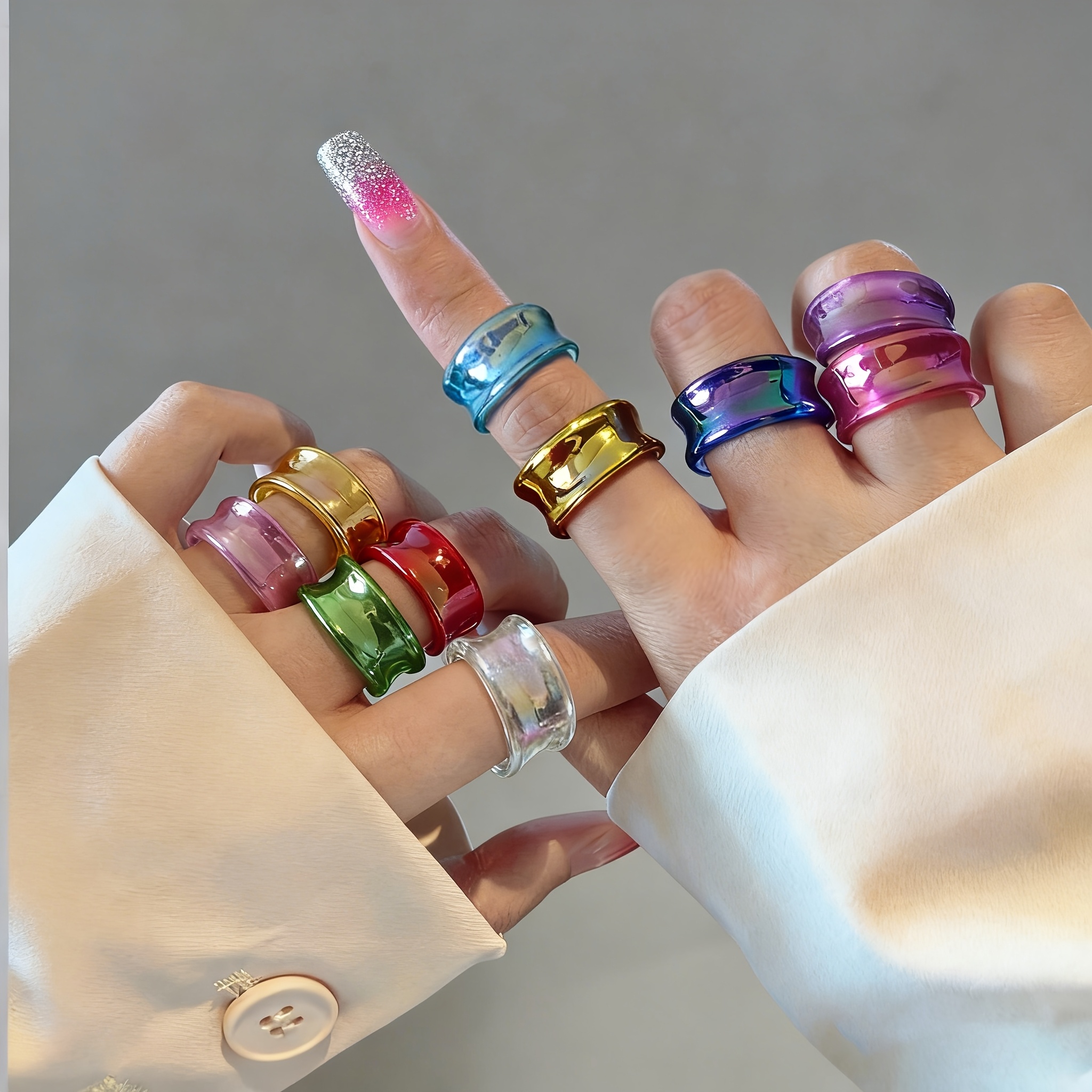 Set of 10 Dopamine Iridescent Resin Rings — Sweet Versatile Gift