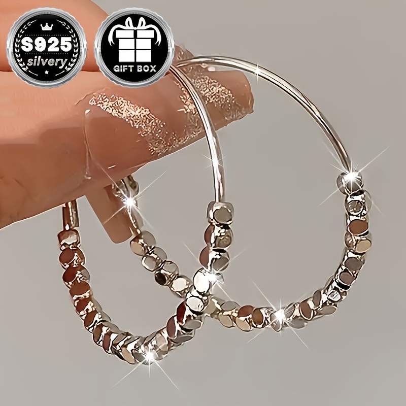 

Elegant 2pcs Set Of Sparkling Silvery Ball Hoop Earrings - 925 Sterling Silvery Posts, & , Gift Box Included