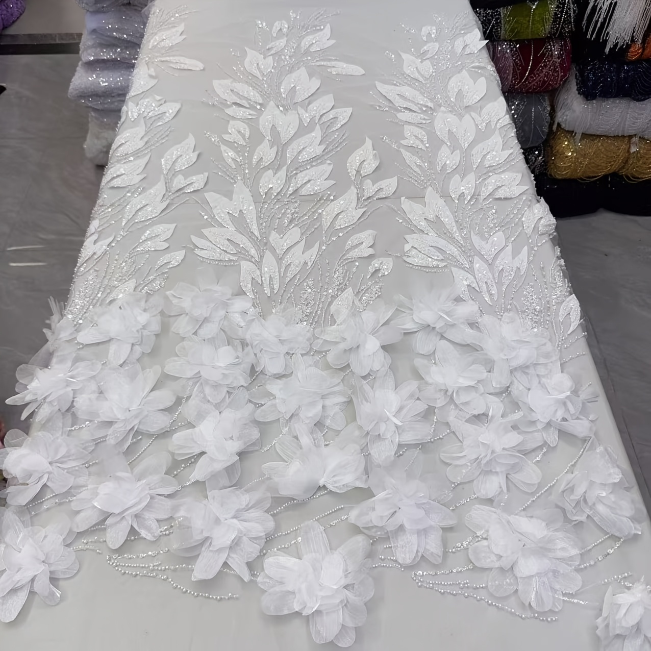 Artikelbild 1 yard multi-style exquisites 3d perlen tube stickerei pailletten spitze stoff hochzeitskleid abendkleid designer stoff