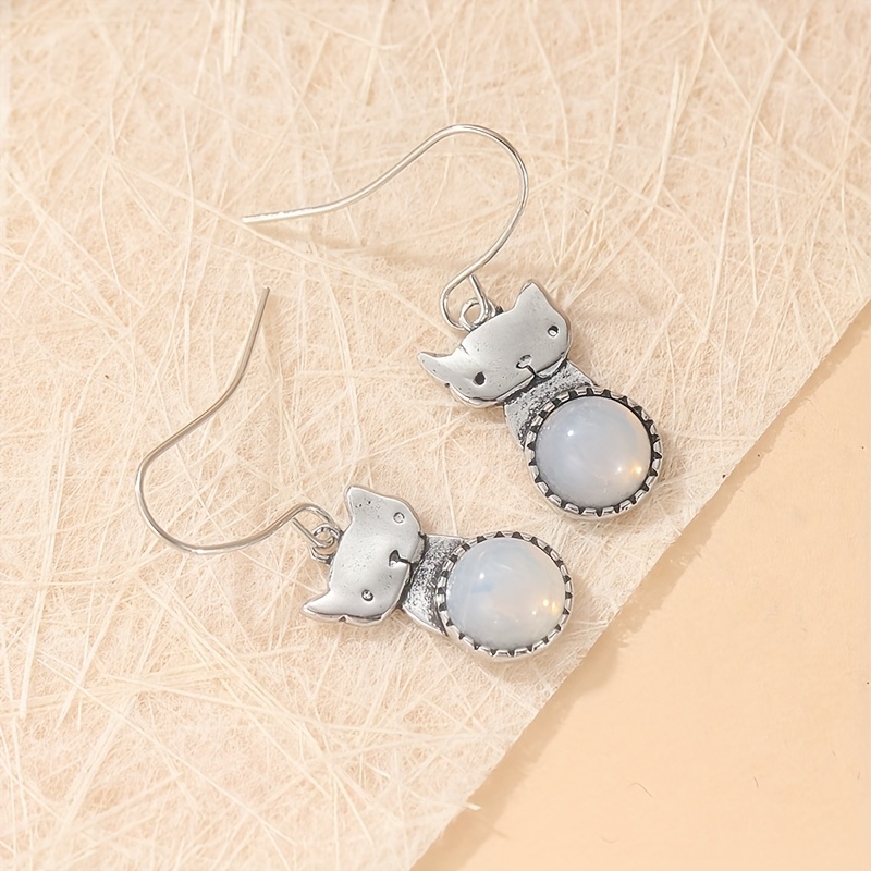 Cat on the Moon Dangle Earrings with Rainbow Moonstone