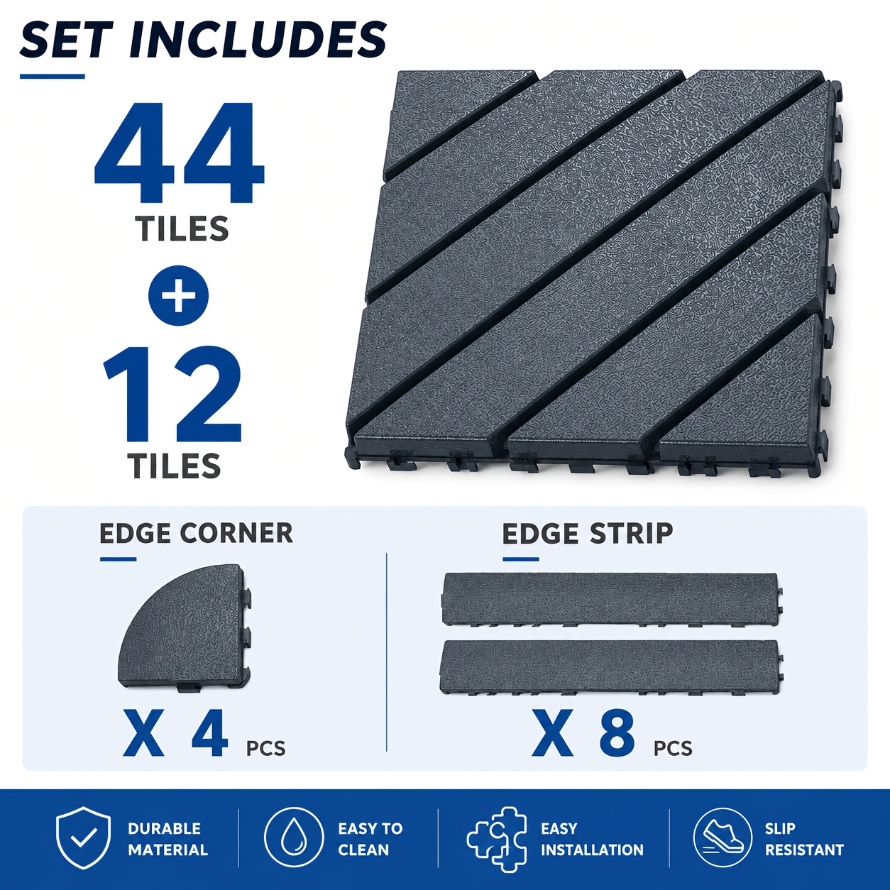 44 Waterproof Plastic Interlocking Deck Tiles For Indoor And Outdoor Use, Ideal For , Pool Areas, And Backyards, , Durable Polypropylene Material(8 Edge Guards +4 Corner Guards)