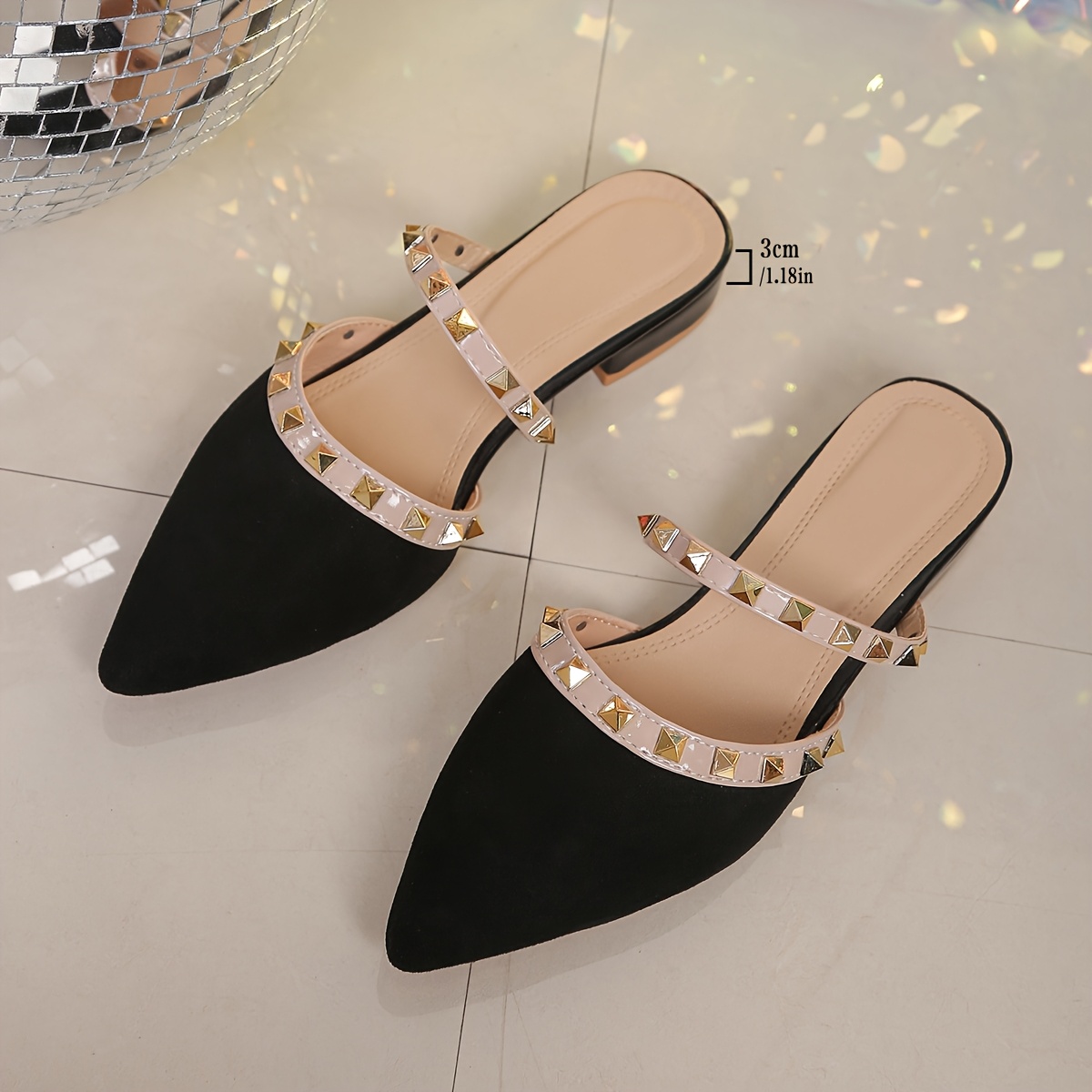 New Summer French Elegant Pointed Toe Slingback Studded Slip-On Black Sandals with Chunky Mid-Low Heels, Perfect for Outdoor Wear., Women Shoes