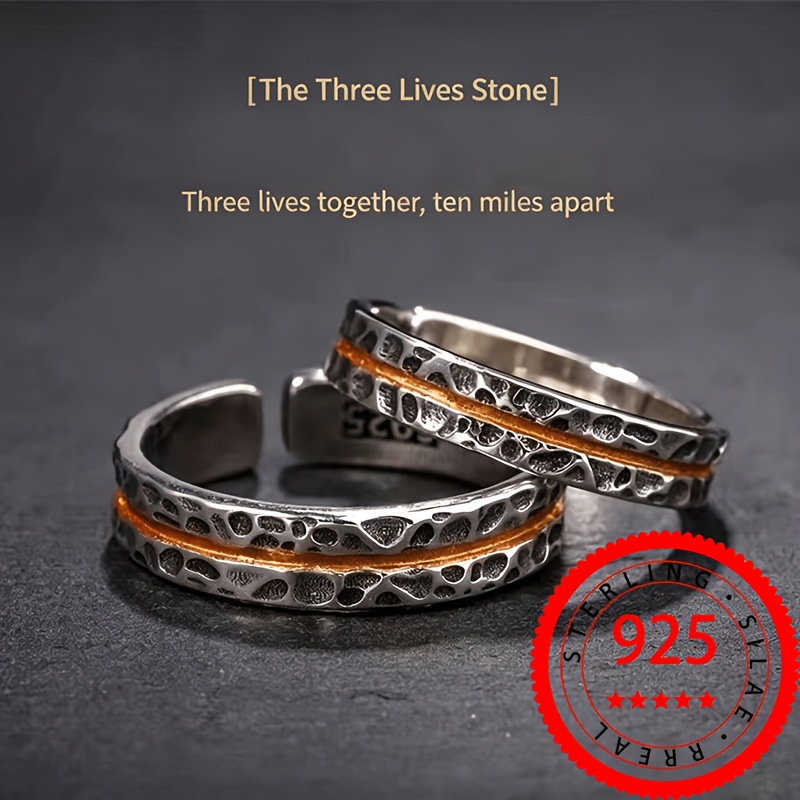 Image of 1 Pair Of S925 925 Silver Exquisite Retro Texture Three-birth Stone Old-fashioned Design Men's And Adjustable Ring High-quality Jewelry Wedding Banquet Party Wearing About 7.