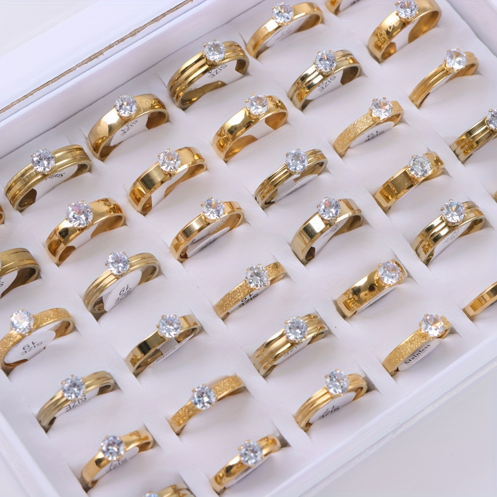 TEMU 10pcs/lot Fashion Elegant Women's Rhinestone Stainless Steel Rings, Classic Simple Frosted Mixed Style Men's Wedding Rings, Jewelry Accessories, Engagement Gifts