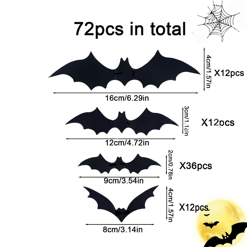 TEMU Bat Wall Decor, 48/72pcs 3d Bat Halloween Decorations, 6 Different Sizes Of Stickers For Diy Home Decor, Indoor Halloween Party Supplies,