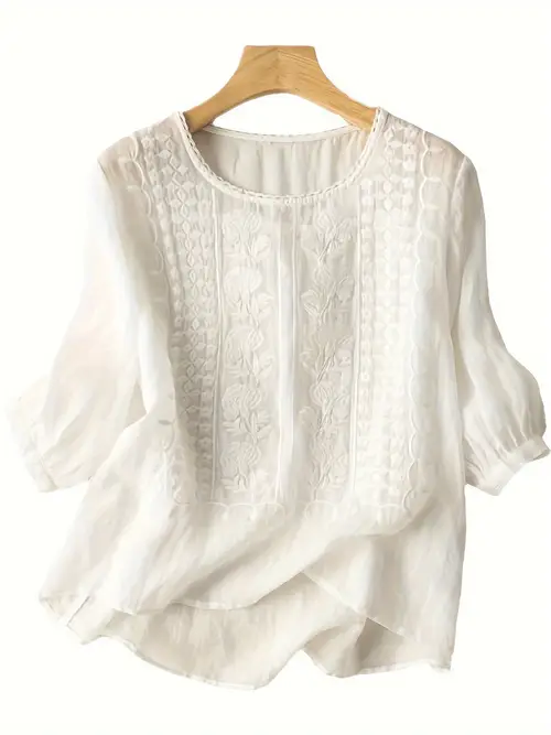 elegant womens embroidered t shirt blend crew neck long sleeve lightweight breathable fabric in multiple colors and sizes casual wear intricate patterns linen blend