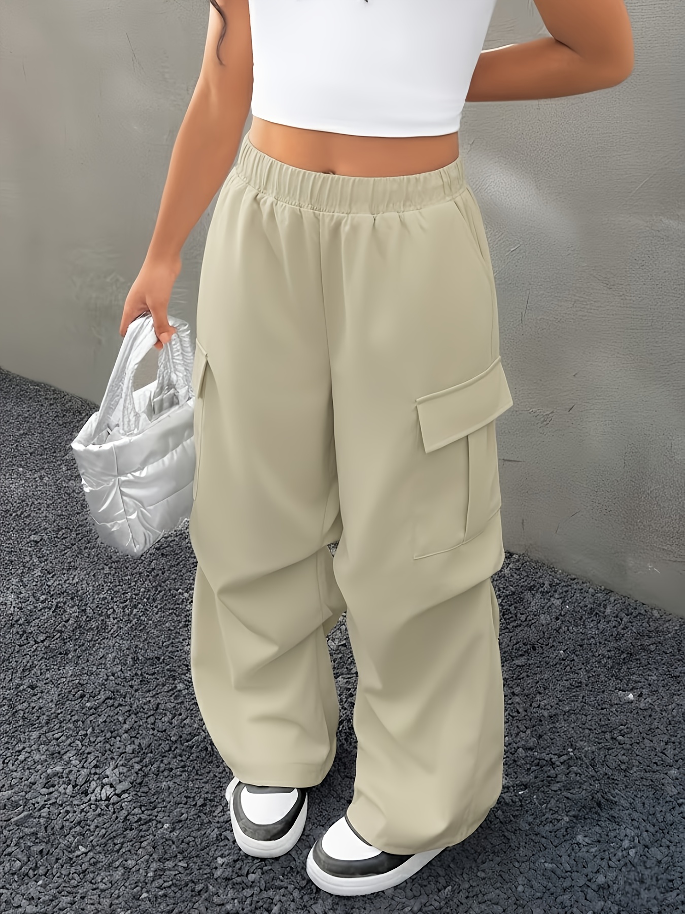 item picture new style unisex youth white cargo pants for girls featuring large pockets loose straight   for   casual vacations holiday gifts hip hop style and street fashion