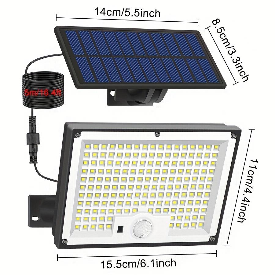 solarne lampe za vanjsku upotrebu, sa 172 led diode, tri načina   i senzorom pokreta. ove lampe dolaze sa daljinskim upravljačem i kablom od 16.4ft, što ih čini idealnim za osvjetljenje vašeg dvorišta, trijema, vrta ili garaže sa podesivom svjetlinom. Detalji o proizvodu 2
