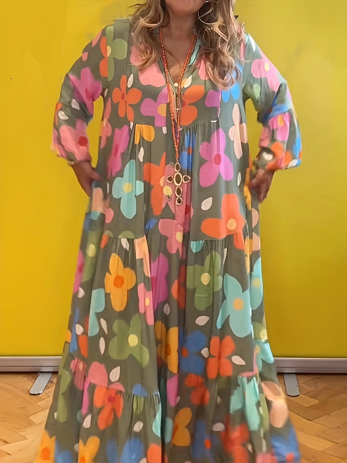 women floral print boho v neck maxi dress layered design - Temu