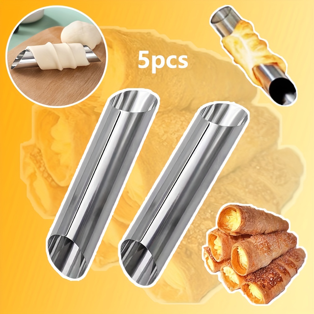 

5-piece Stainless Steel Cannoli Form Tubes Set, Hollow Baking Molds For Croissant, Cream Roll, Puff Pastry - Dessert Ice Cream Cone Makers, Kitchen Baking Tools