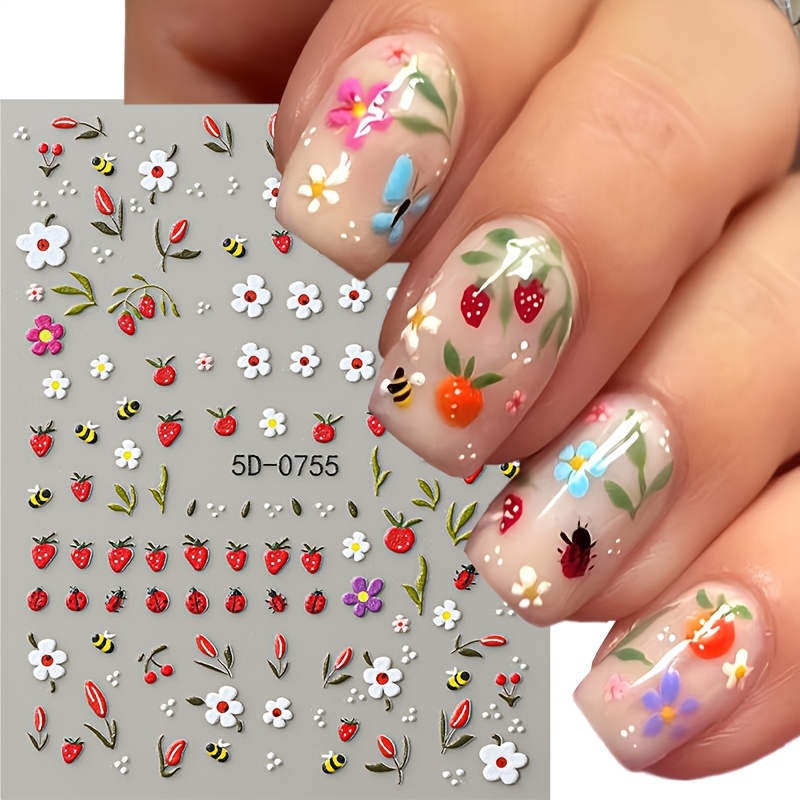 1pc Adorable Summer-themed Nail Art Stickers Featuring Bees, Ladybugs, Tulips, Lilies, Daisies, And Strawberries. 3d Self-adhesive Decals Perfect For Decoration And Additions