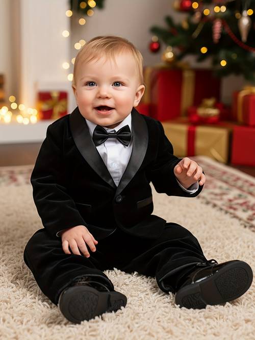boys plush velvet gentleman suit set black with bow tie and trousers fashionable and romantic suitable for first birthday banquets christmas parties