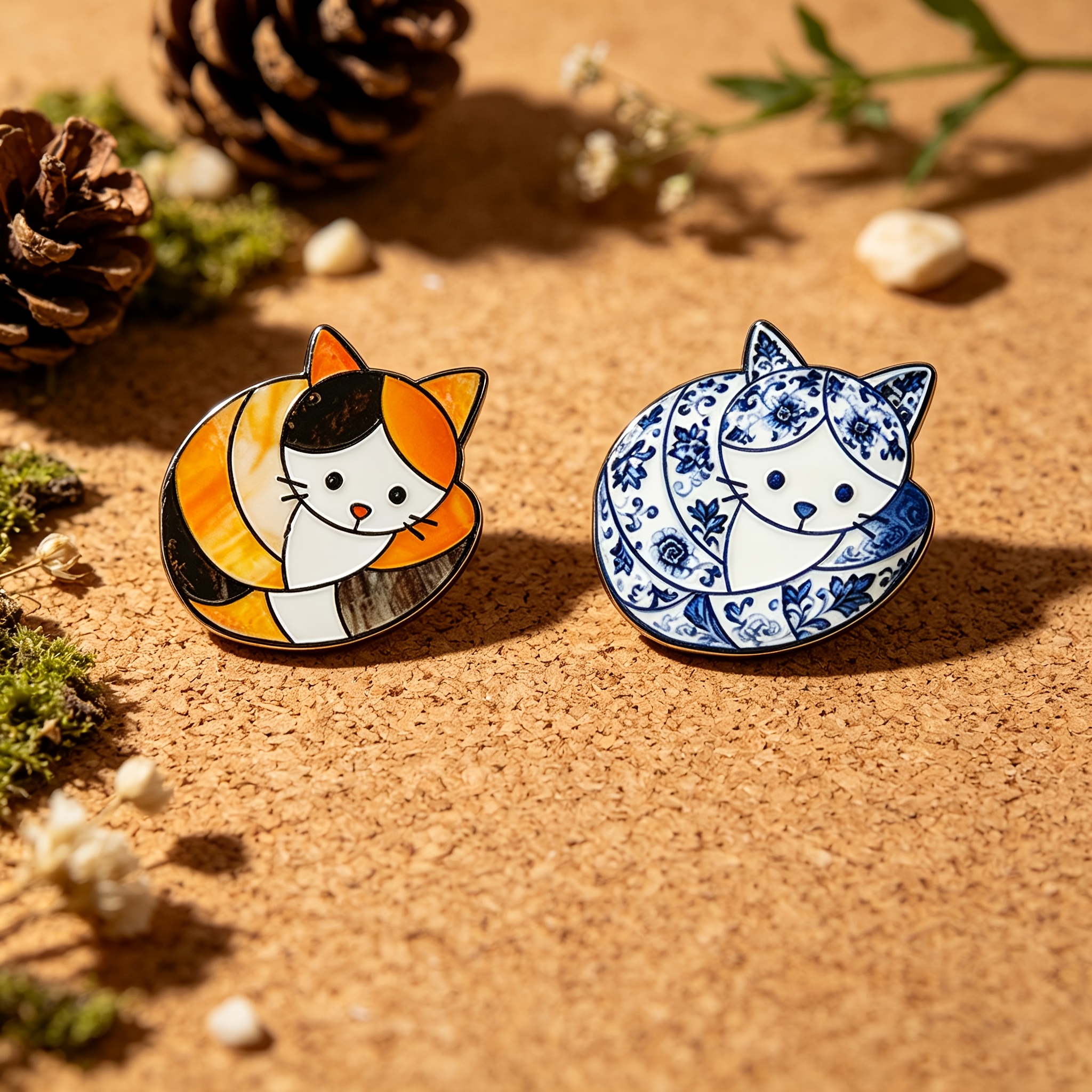 TEMU 2 broches de solapa esmaltados SOLEVDO, novedad, gato , broches de metal - Diseño de de porcelana calico / azul y estilo vidriería, moda de gato