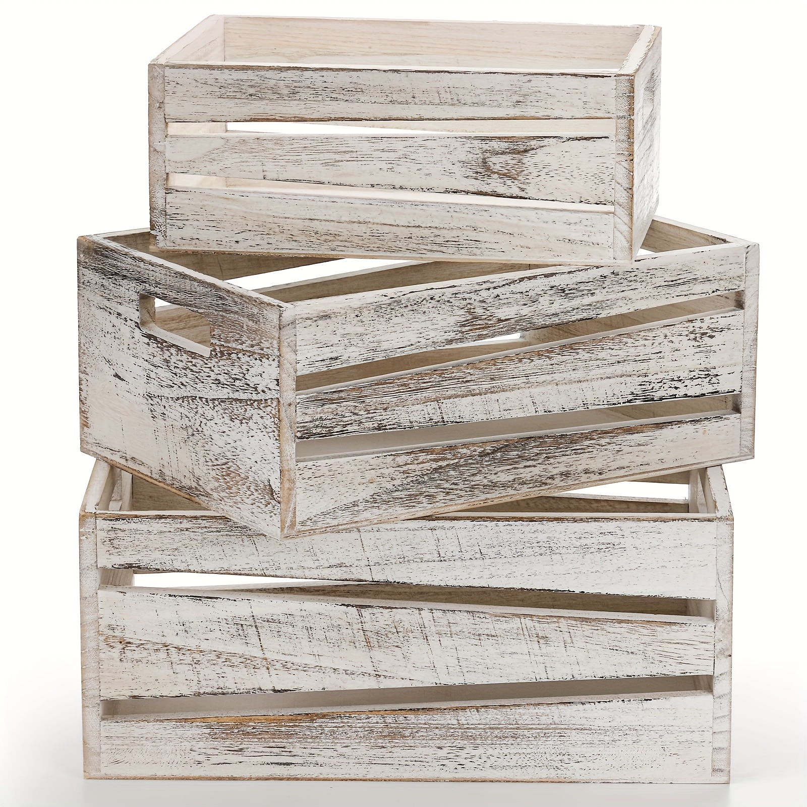 E-shop 3er-Pack Rustikale Bauernhaus-Holzkisten mit Griffen - Stapelbare Vintage Holzboxen, Offene Dekorative Körbe als Aufbewahrungsorganizer für