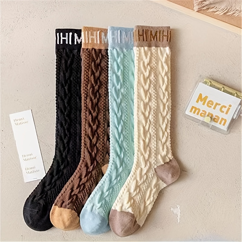 

4 Pairs Letter Pattern Textured Calf Socks, Fashion College Style Knee High Socks For Fall & Winter, Women's Stockings & Hosiery