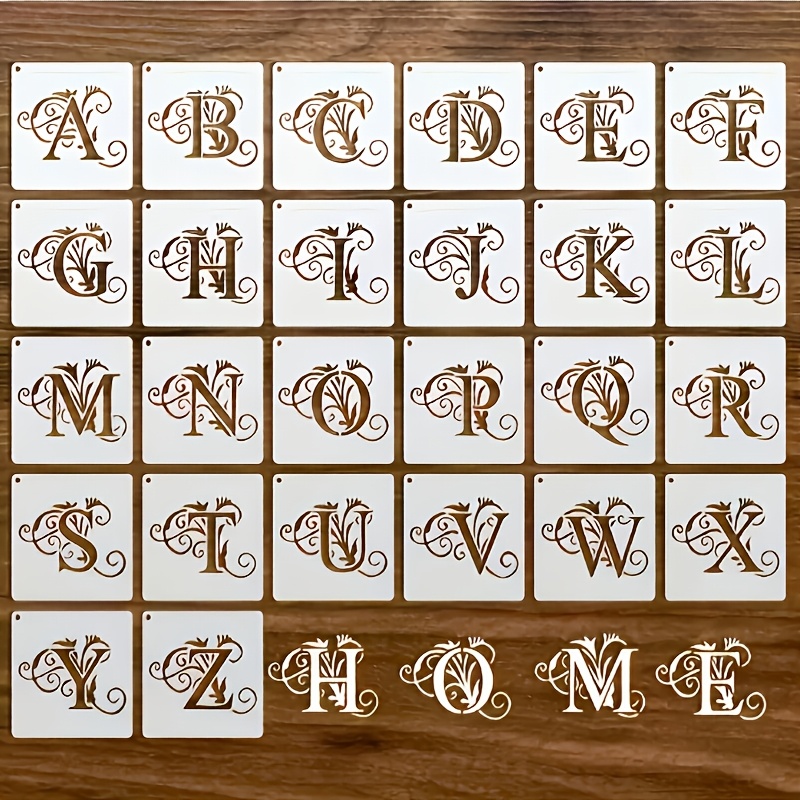 TEMU Set de 26 pochoirs de peinture alphabet floral, moules PET lavables et réutilisables de 4 pouces avec police cursive et floraux, adaptés au