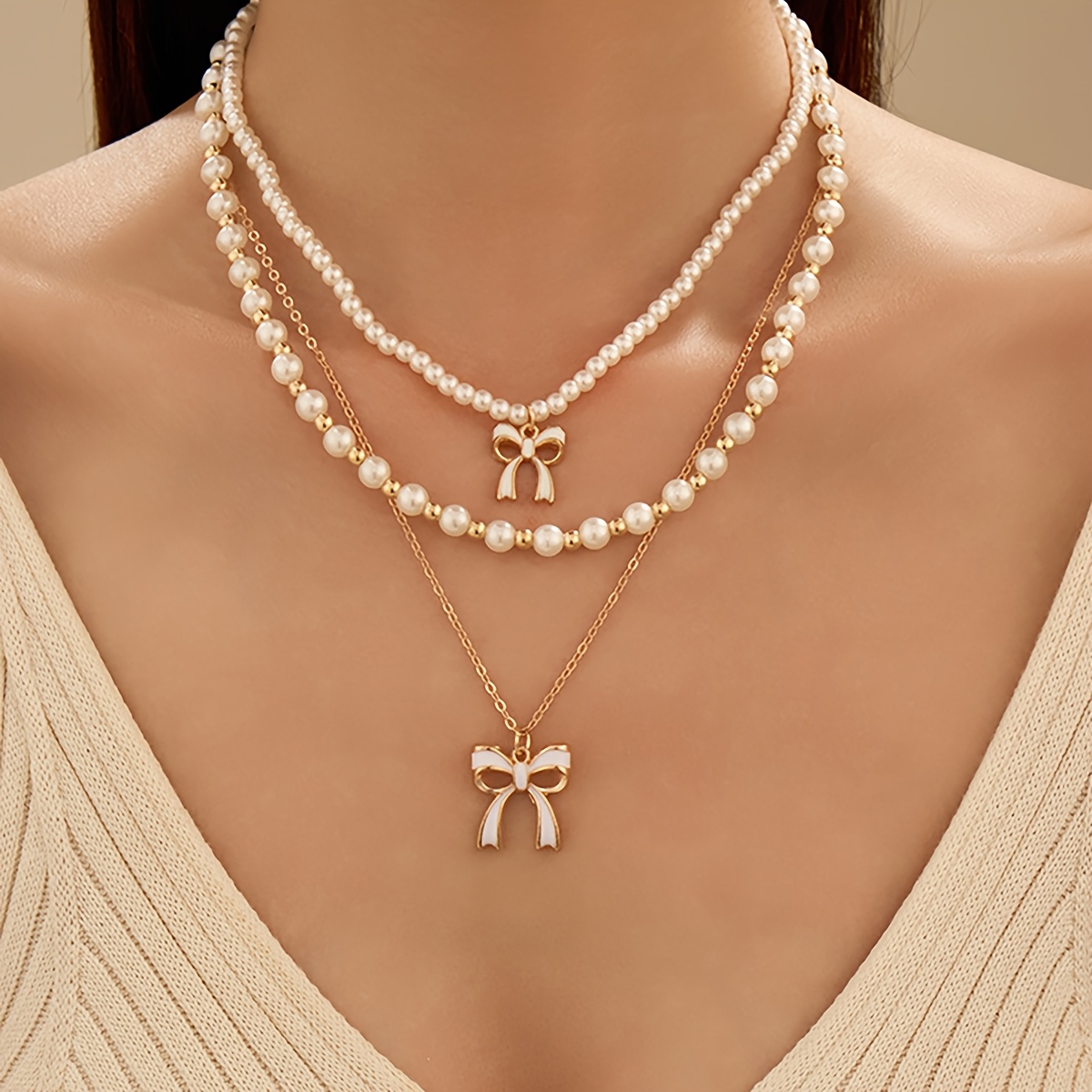 TEMU Set Of 3 Stylish And Cute Bow Pendant Necklaces, Featuring An Elegant Pearl Layered Design, Casual Y2k Style, Suitable For Daily Wear, Parties,