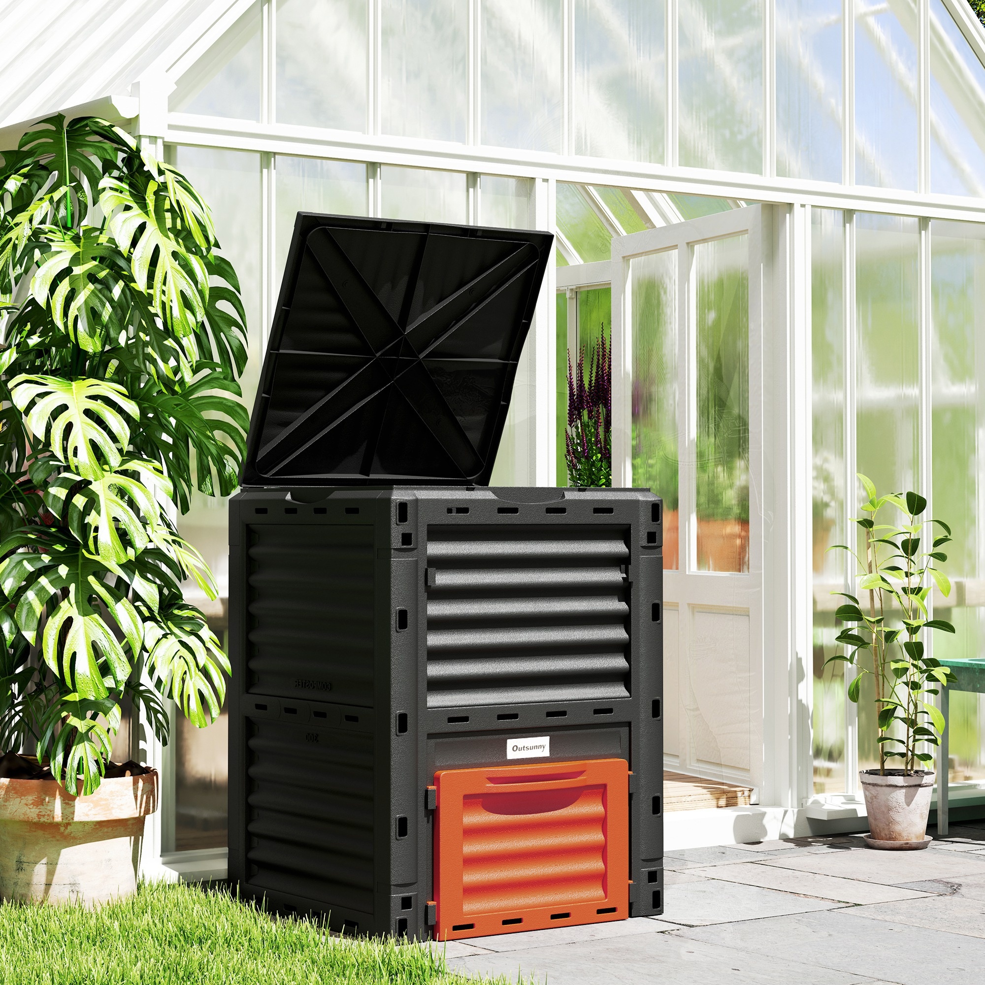 TEMU 1pc Outsunny 80 Gallon Outdoor Compost Bin, Durable Pp Material, Easy , Garden Waste Container With Lid, Garden | Bin | Outdoor Bin, Compost Bin