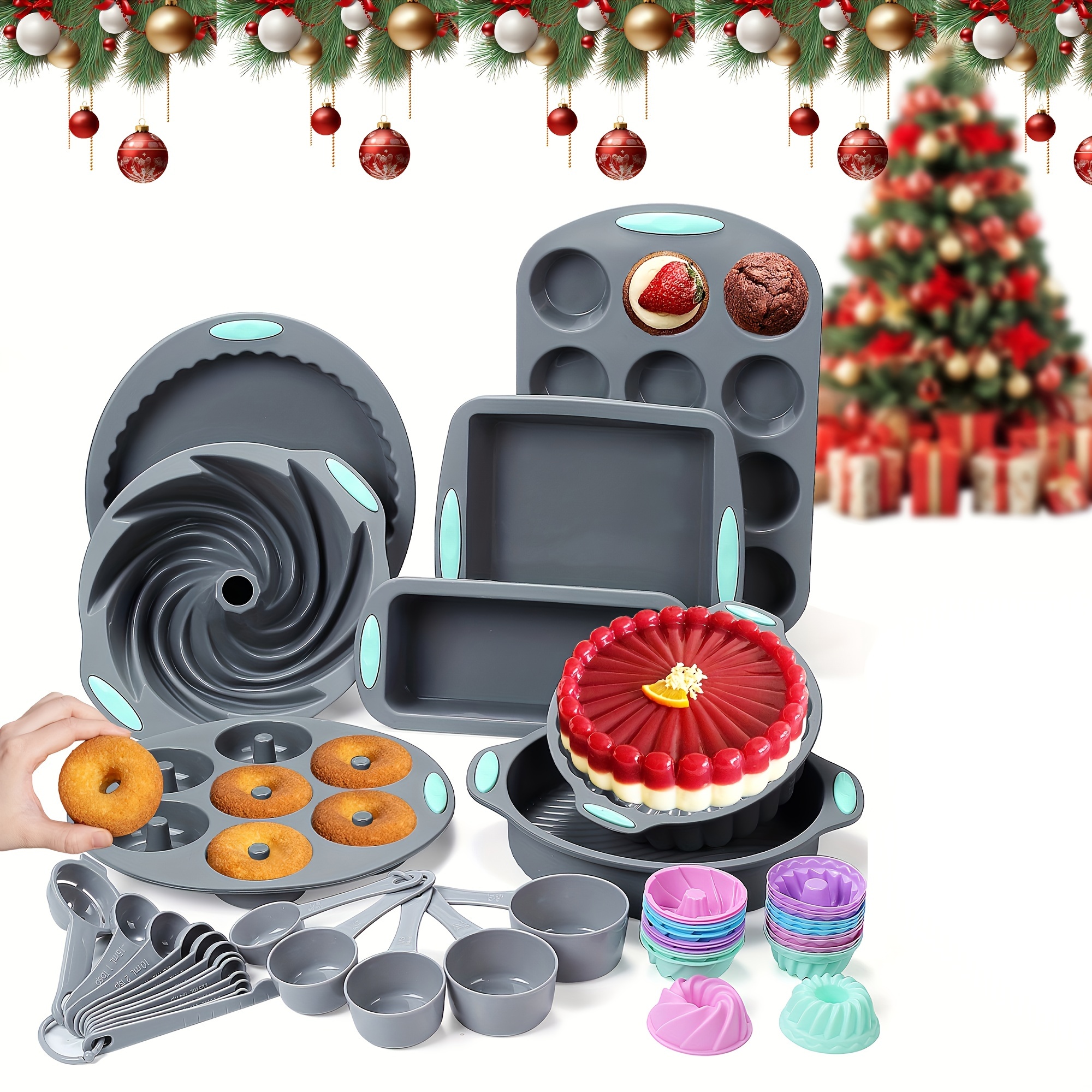 

Silicone Baking Pan Set, Silicone Cake Molds, Baking Sheet, Donut Pan, Silicone Muffin Pan With 36 Pack Silicone Baking Cups, Dishwasher Safe, 17pcs Measuring Cups And Spoons Set, 40 Pieces Set, Set