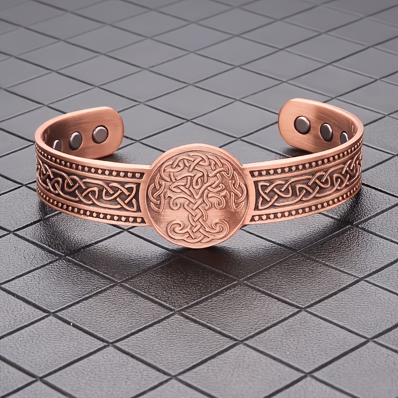 TEMU Men's Copper Open Bangle Bracelet, Tree Of Life Engraved Design, Adjustable Size, Fashion Accessory