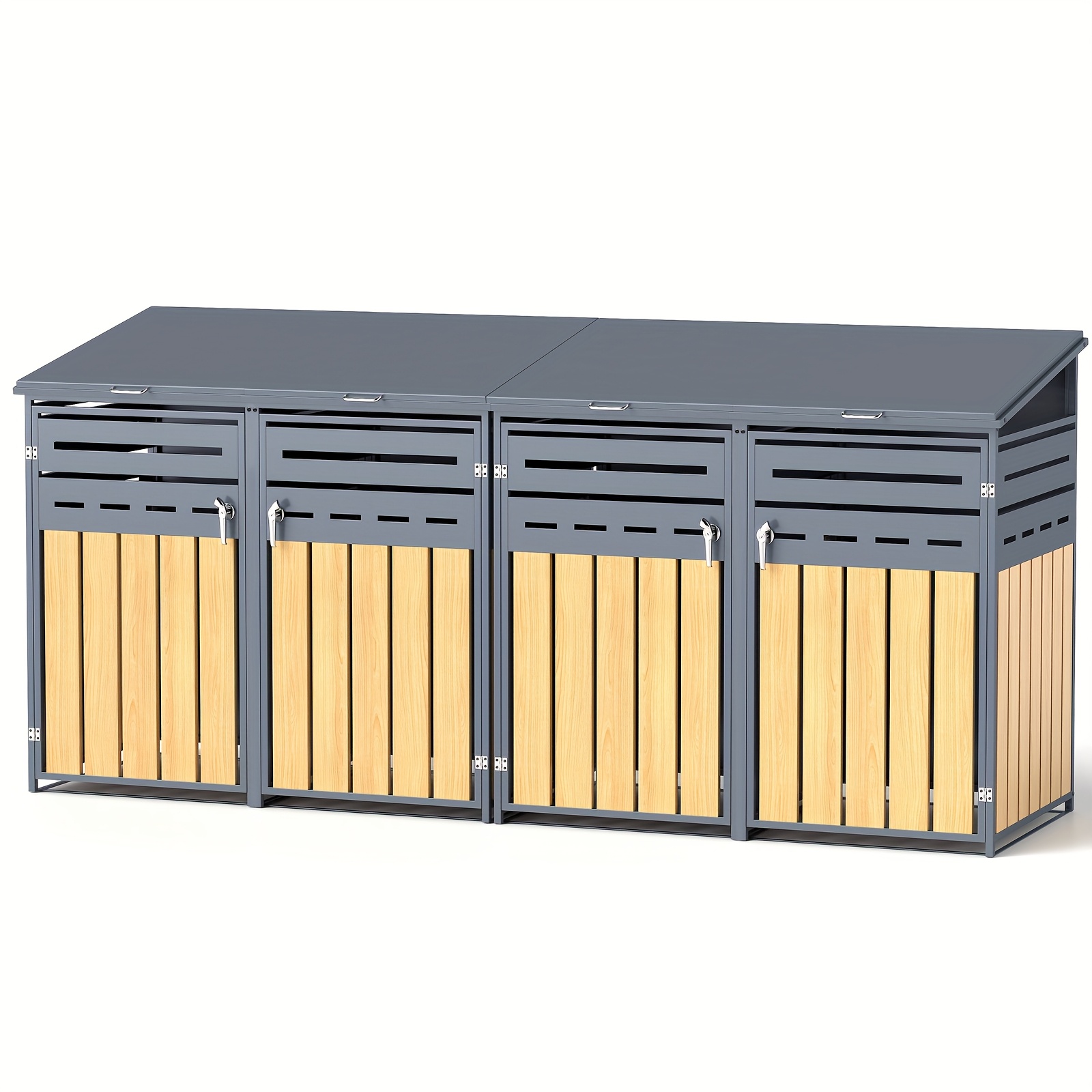 lockable galvanized steel trash bin shed with wood grain design outdoor storage for 120 240   durable metal construction with ventilation   ideal for garden backyard and patio secure waste storage slatted design ventilated storage unit garbage bin storage shed 0