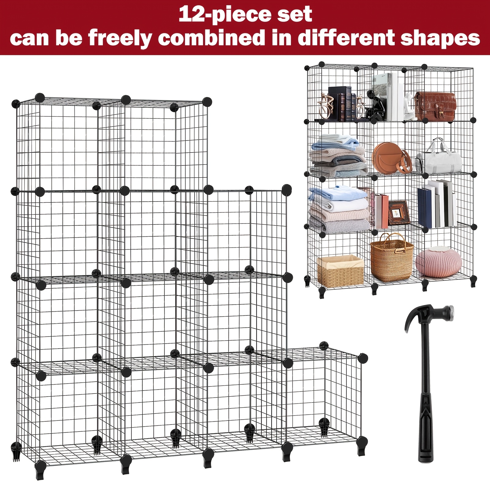 12 cube stackable interlocking shelving unit wire grid storage system 95x31x127cm versatile bookcase for living room office and cabinet display storage and organization