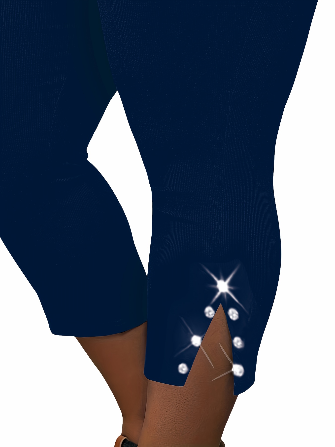 Plus Size, Plus Size High-Waisted Stretchy Rhinestone-Embellished Side Slit Capri Pants - Solid Black Casual Outdoor Leggings for Women, Spring/Summer Fashion, High Waist Pants, Spring Summer Apparel, Nontransparent Fabric, Spring Fashion, Breathable Material, Summer Wardrobe