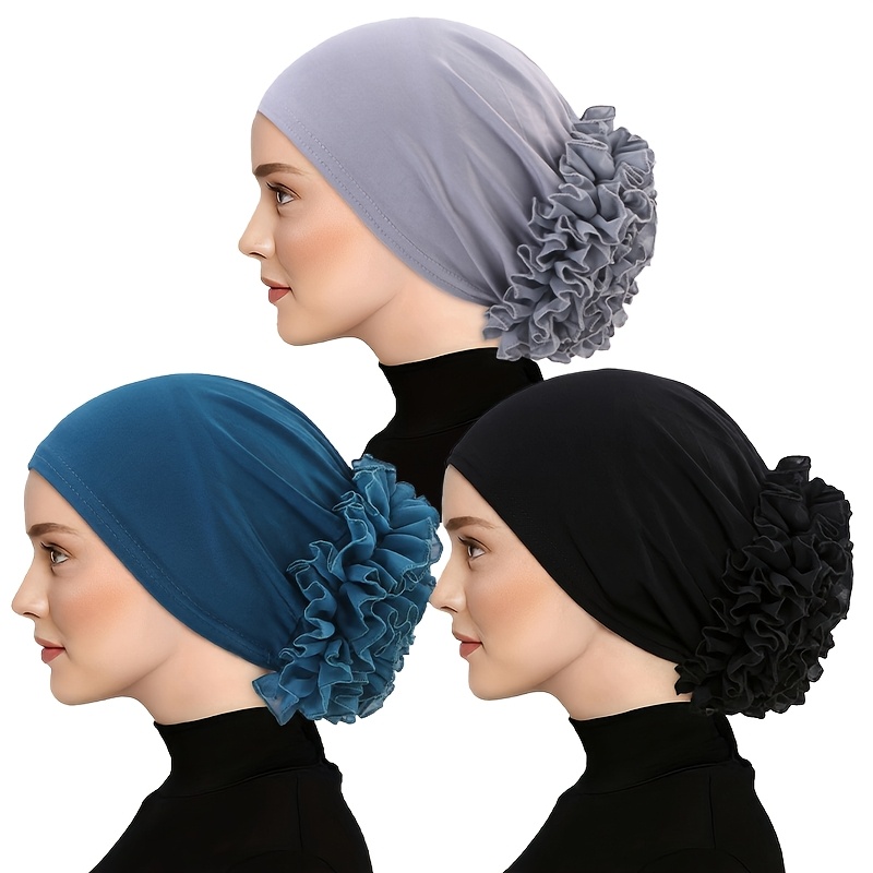 TEMU 3pcs Set Of Chiffon Large Floral Headscarf Hats, Hair Loss Headwear, Ethnic Turban