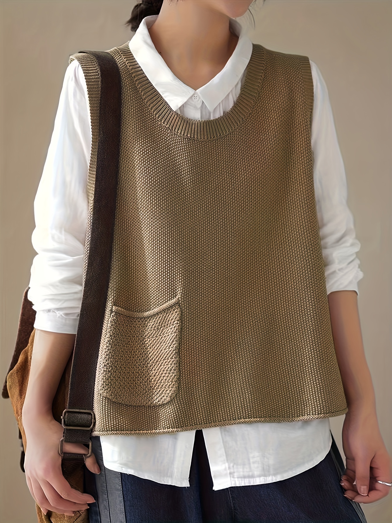 Solid Crew Neck Knitted Vest Casual Sleeveless Loose Sweater