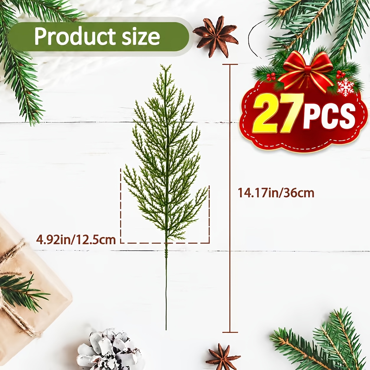 TEMU 27pcs Christmas Simulation Green Plant Artificial Pine Branches -14.17 Inches (36cm) - Used For Diy Flower Garlands, Christmas Pine Atmosphere