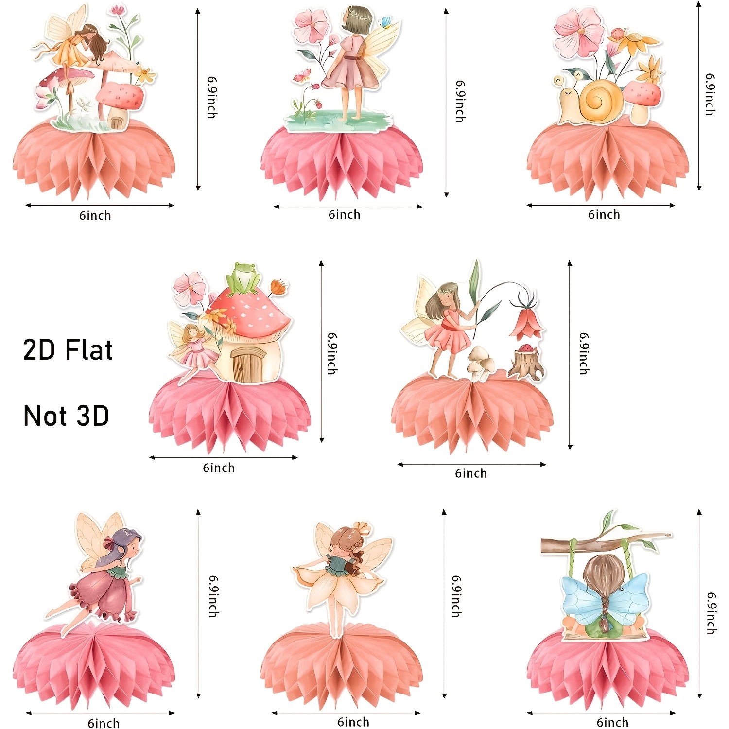 Image of 2d Flat - 8-pack 2d Flat Fairy Honeycomb Centerpieces, Floral Fairy Party Decorations, Fairy Tale Themed Birthday Party Table Top Additions