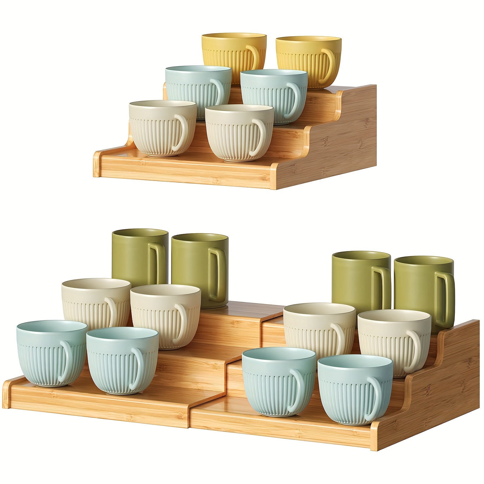 3-tier Expandable Bamboo Mug Holder - Adjustable Countertop Organizer With Polished Finish, Space- Design For Coffee Bar, Kitchen Cabinet, Home Decor, Kitchen Organization, Rack, Material