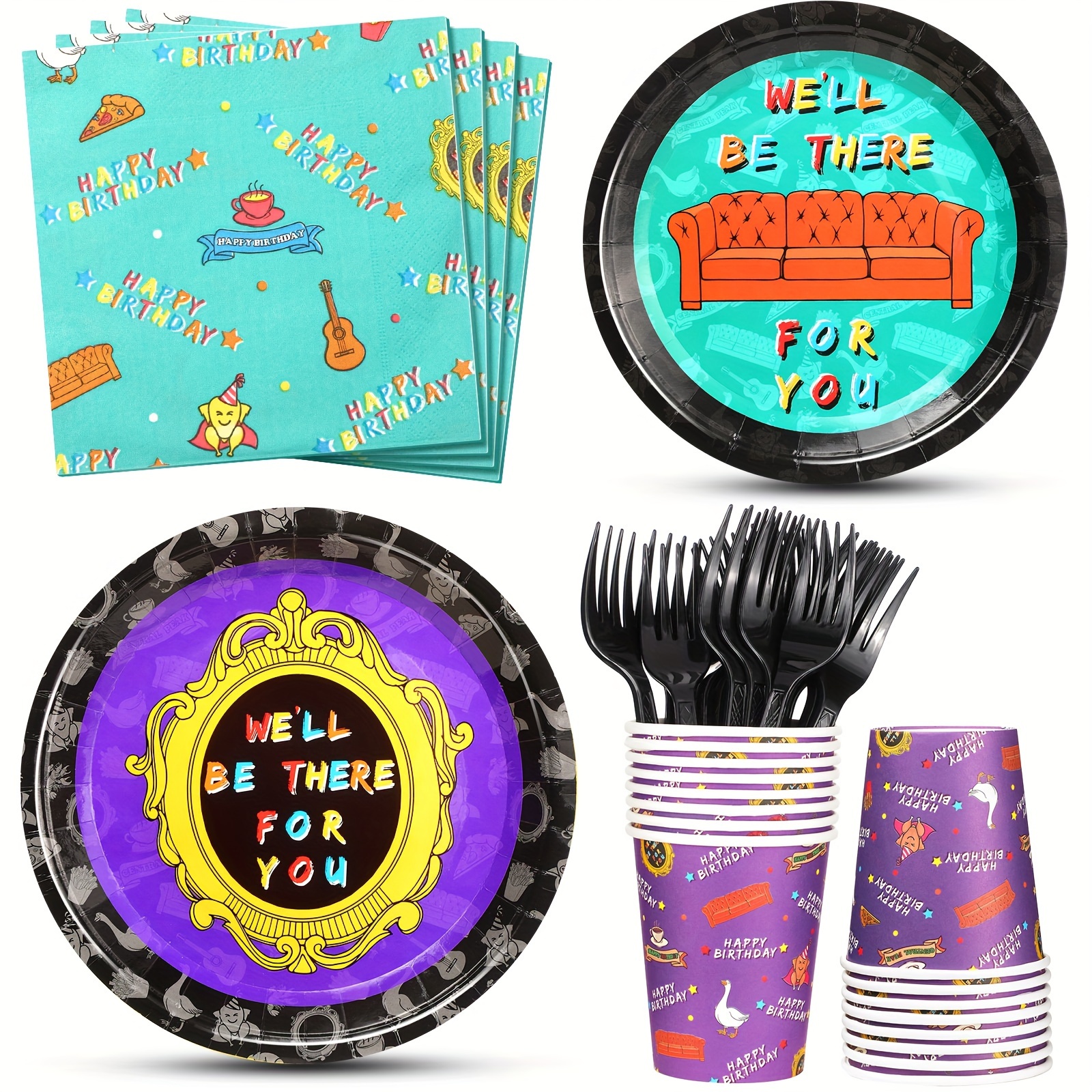 

84 Pcs Birthday Party Supplies Birthday Decorations Include Paper Plates Paper Cups Napkins Black Plastic Fork Disposable Dinnerware For Birthday Party Supplies