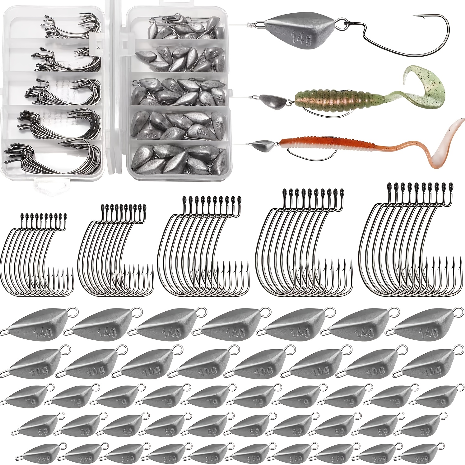 Image of Fishing Weights Sinkers Kit Texas Rig Hooks Fishing Weights Fishing Sinkers Swing Jig Heads Ned Rig Weights Worm Weights With 5 Size Fishing Hooks And Weights 95pcs