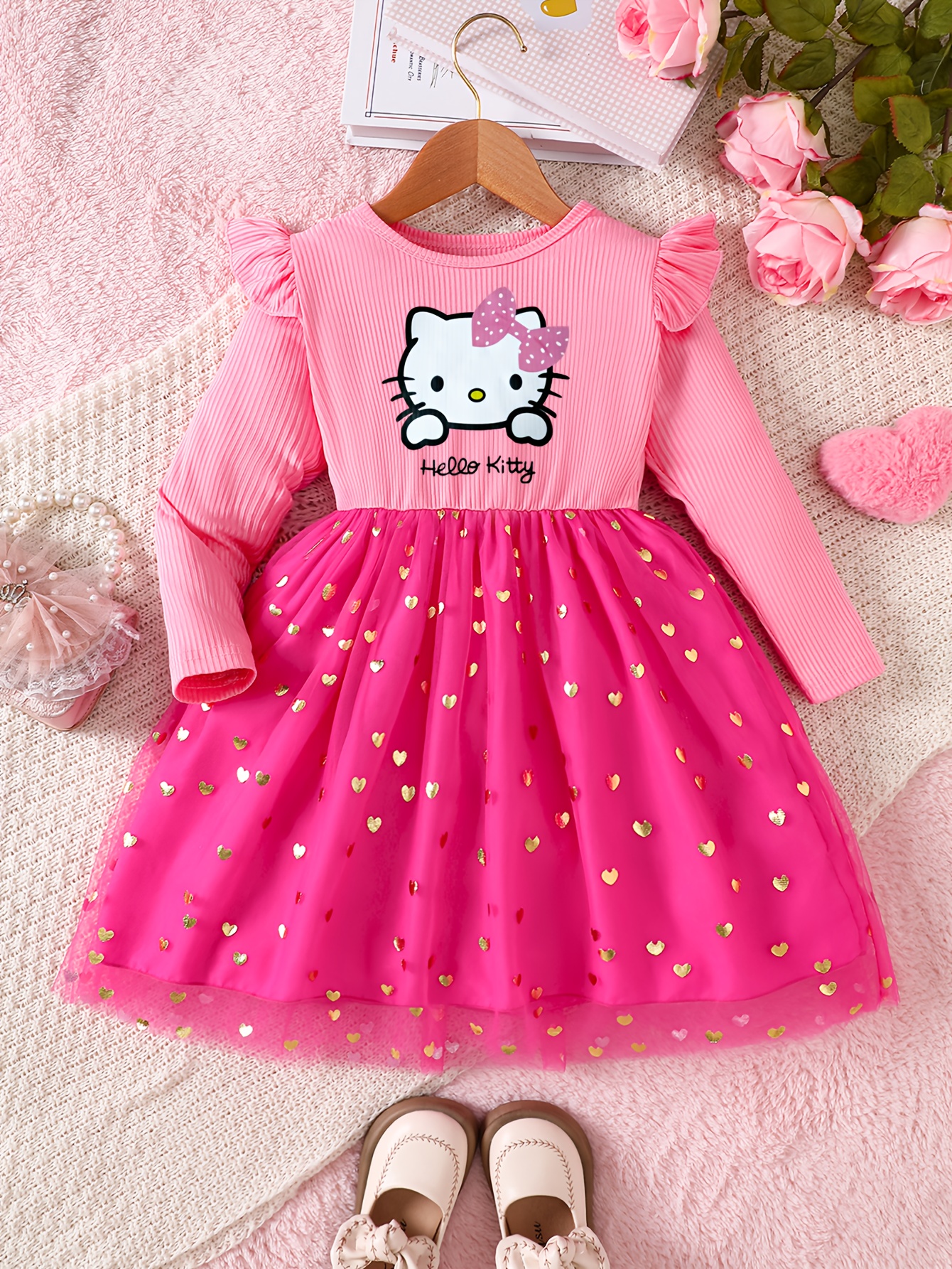 * Girls' Princess Dress | Crew Neck Long Sleeve * Print Midi Dress with  Flared Hem and Heart-Shaped Mesh Panels | Casual, Spring/Summer/Fall Season