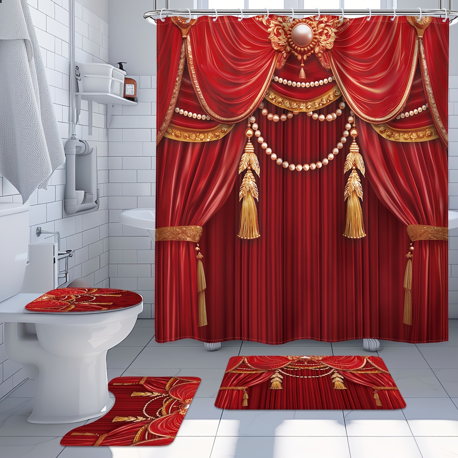 

1/4pcs - Shower Curtain Set, Retro Golden Tassel Curtain Modern Decoration 12 Hooks Waterproof Shower Curtain, Non-slip Bathroom Floor Mat, Toilet U-shaped Mat, Cover Mat, Home Decoration Gift