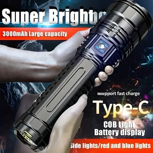 1pc flashlight using rechargeable lithium battery expandable zoom with cob lighting at the tail with a strap rope very suitable for outdoor hiking exploration and fishing activities