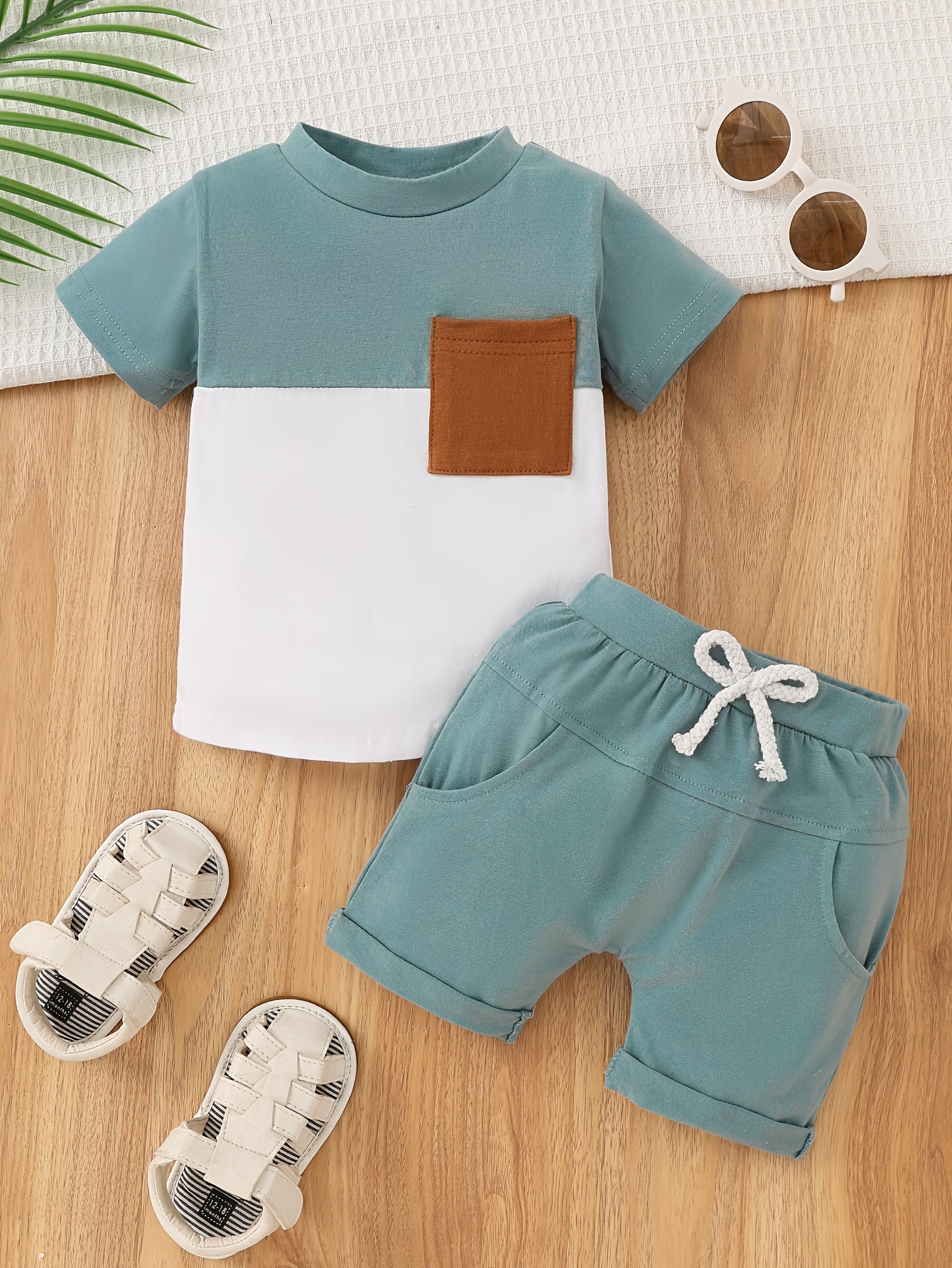 Two-Piece Set for Baby Boys Featuring a Short-Sleeve T-Shirt with a Front Pocket And Solid Color Shorts, for Outdoor