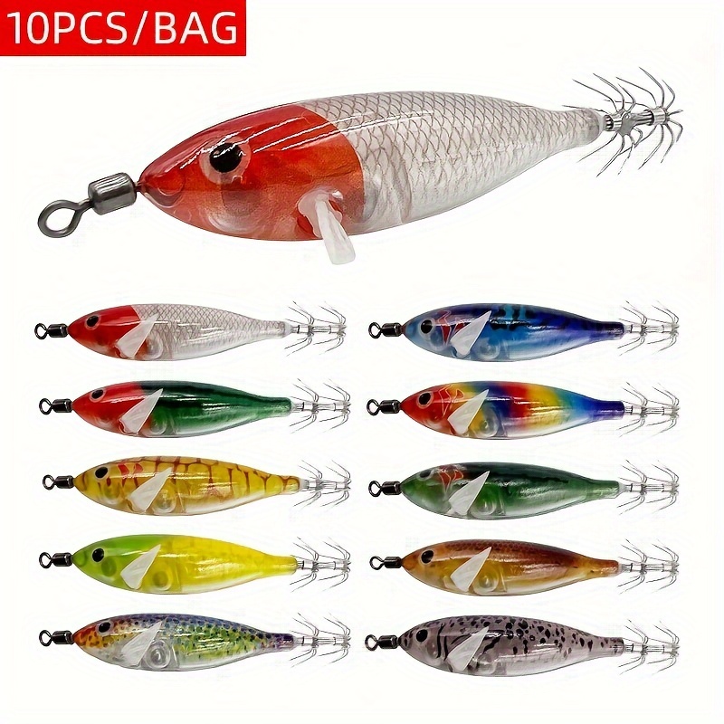 

10pcs/bag Simulation Wooden Shrimp Lures With Lead Sinker, Shrimp Jigs, Hook, Squid Hook, Sea Fishing Lure - Built- Beads For Attracting