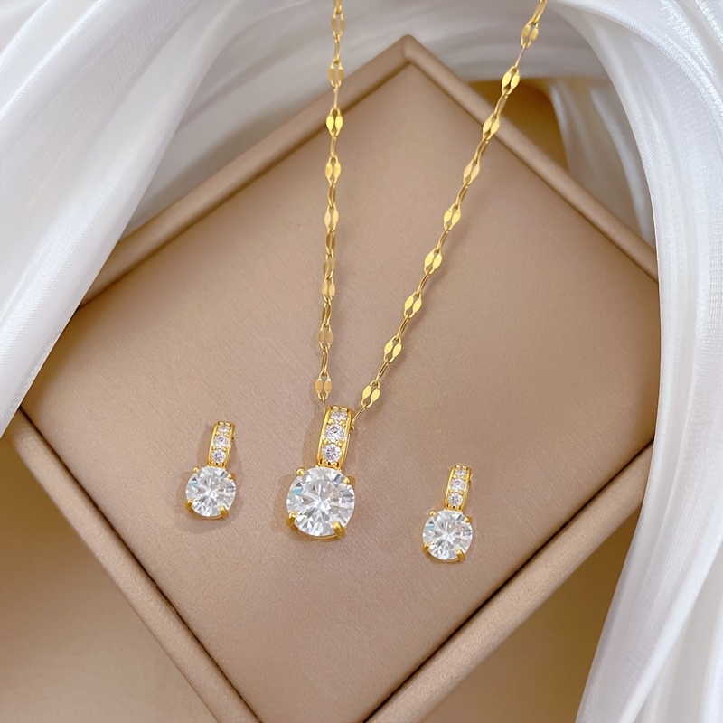 TEMU 3pcs Women's Fashion Stainless Steel And Copper Micro-pave Synthetic Synthetic Zirconia Earring And Necklace Jewelry Set, Adjustable Minimalist