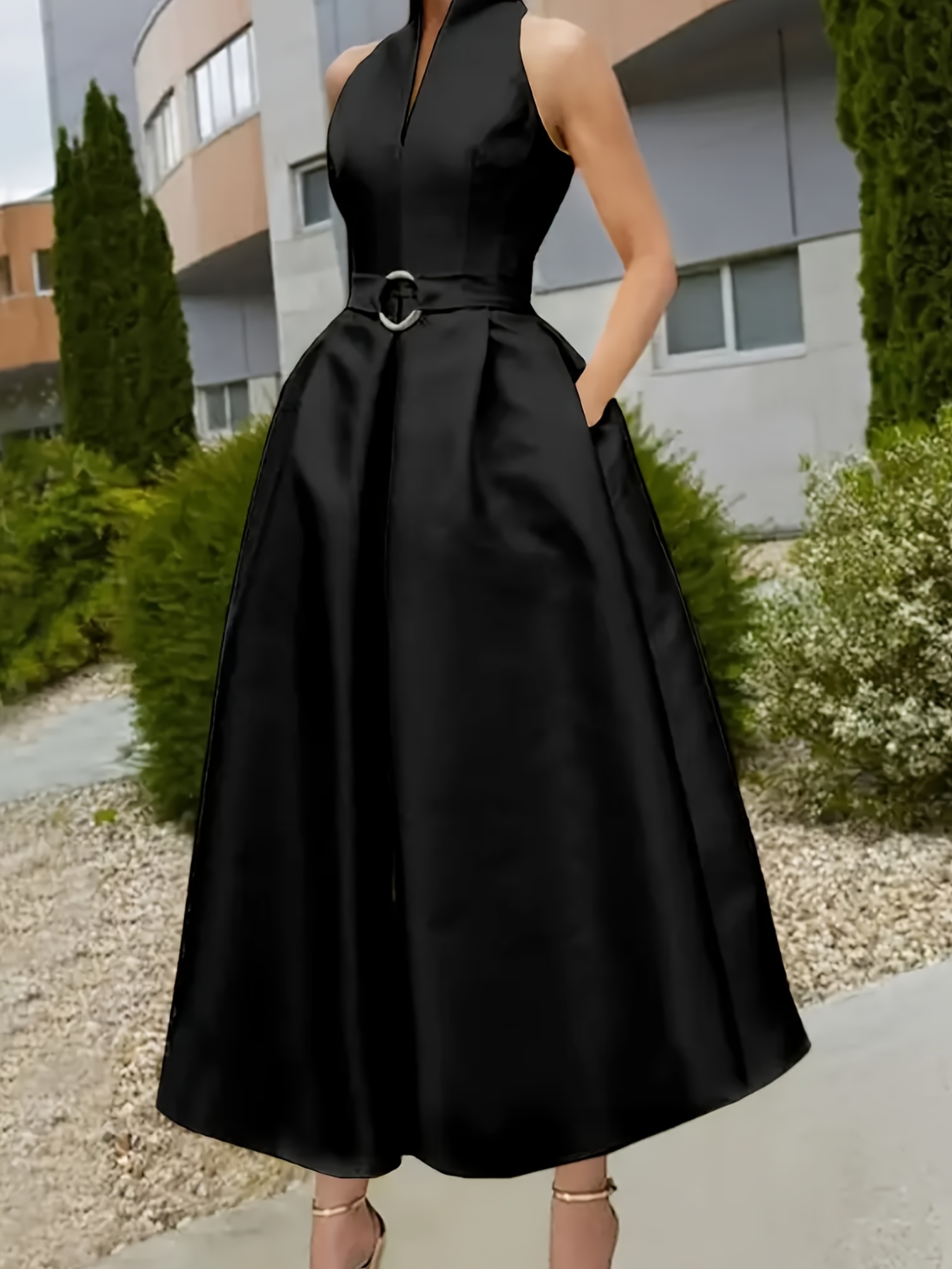 black dress with wide belt Mock-Neck Lace Dress main image 1