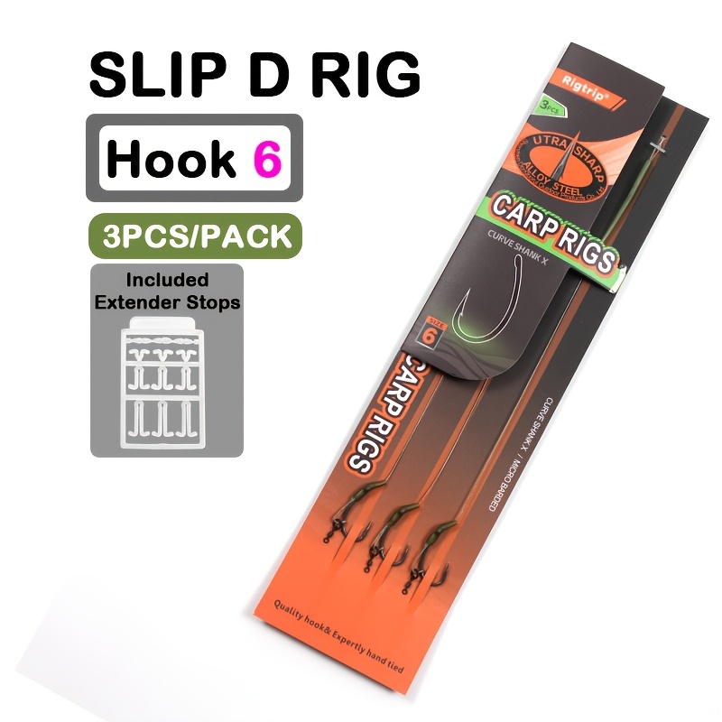 TEMU Set Of 3 Carp Fishing Slip D Rigs Featuring Extremely Sharp Curve Shank Hooks In Sizes 2, 4, And 6, Pre-tied With Hook And Fishing Line Tackle