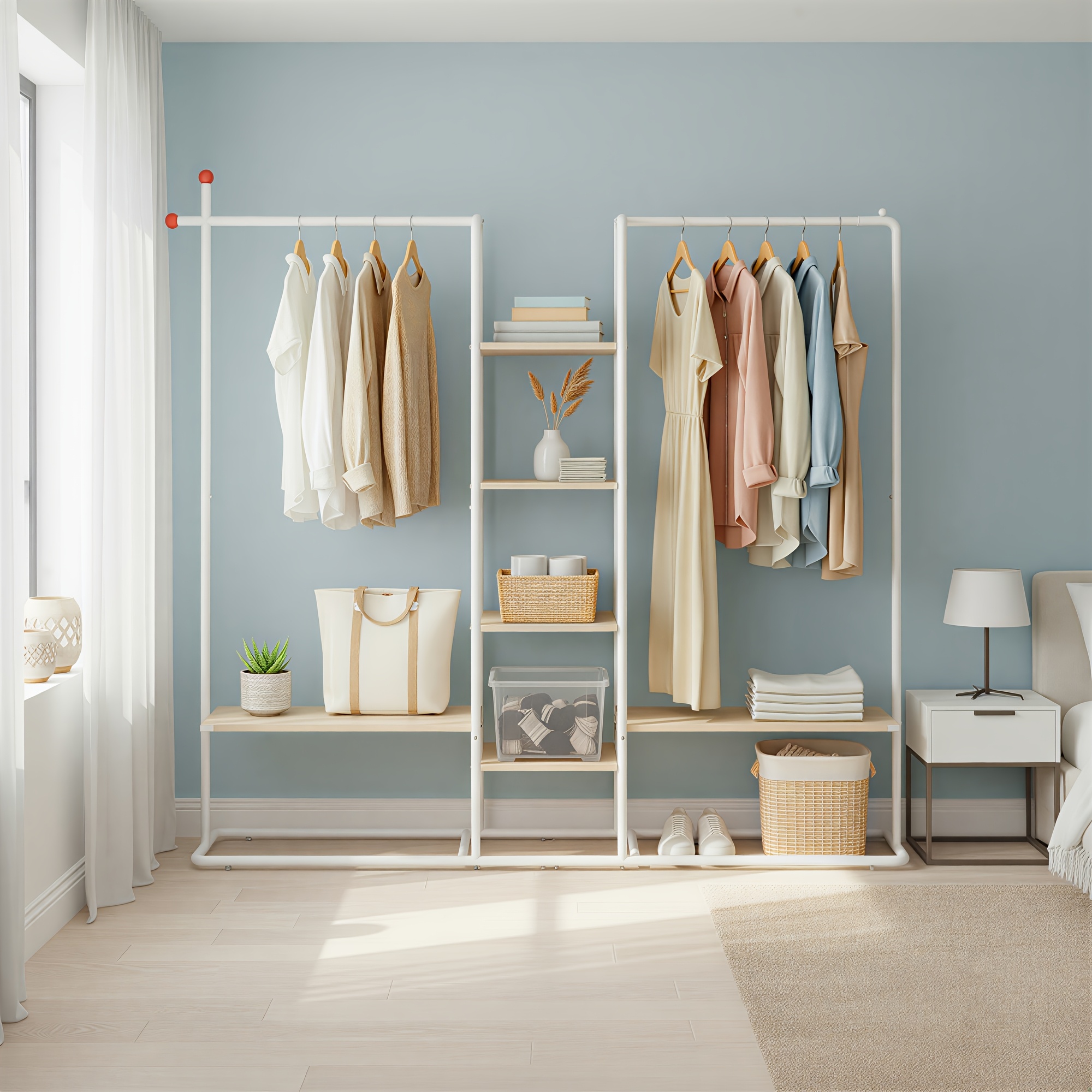 E-shop Garderobenschrank, offener Kleiderständer mit 6 Regalböden 2 Kleiderstangen, Haken, beige-weiß, tragbare Kleiderschränke
