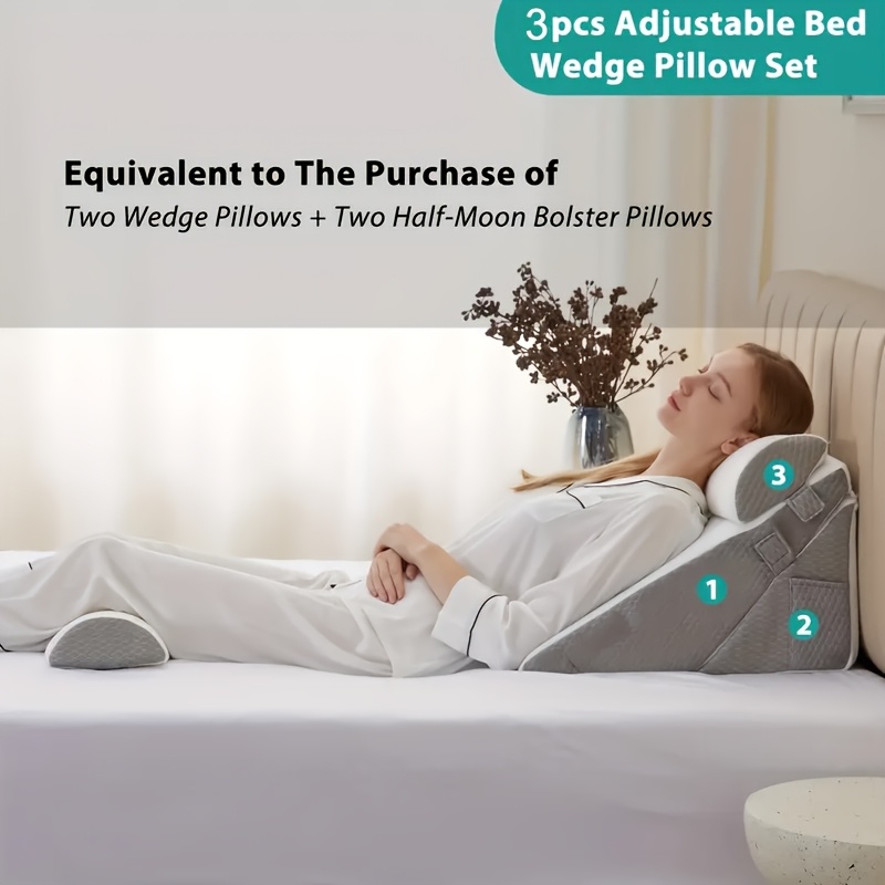 [ 3pcs Foam Pillows] 3pcs Polyurethane Foam Bed Wedge Pillows | Adjustable Contour Support, Anti- Snoring, Acid Reflux, Medium- Soft Gray Pillow Covers, Machine Washable, Back Alleviation, Contoured Pillow Design, Durable Fabric Cover