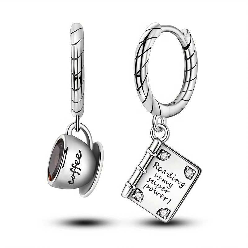 TEMU 1 Pair Of Earrings Weighing 4 Grams 925 Silver Coffee Cup And Book Hoop Women's Earrings Engagement Party Wedding Jewelry Gift